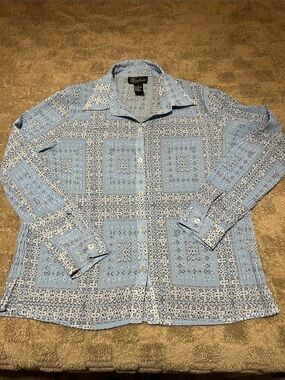 Karen Arnold Blue Bandana Print Button Front Blouse XL Lightweight Career Casual
